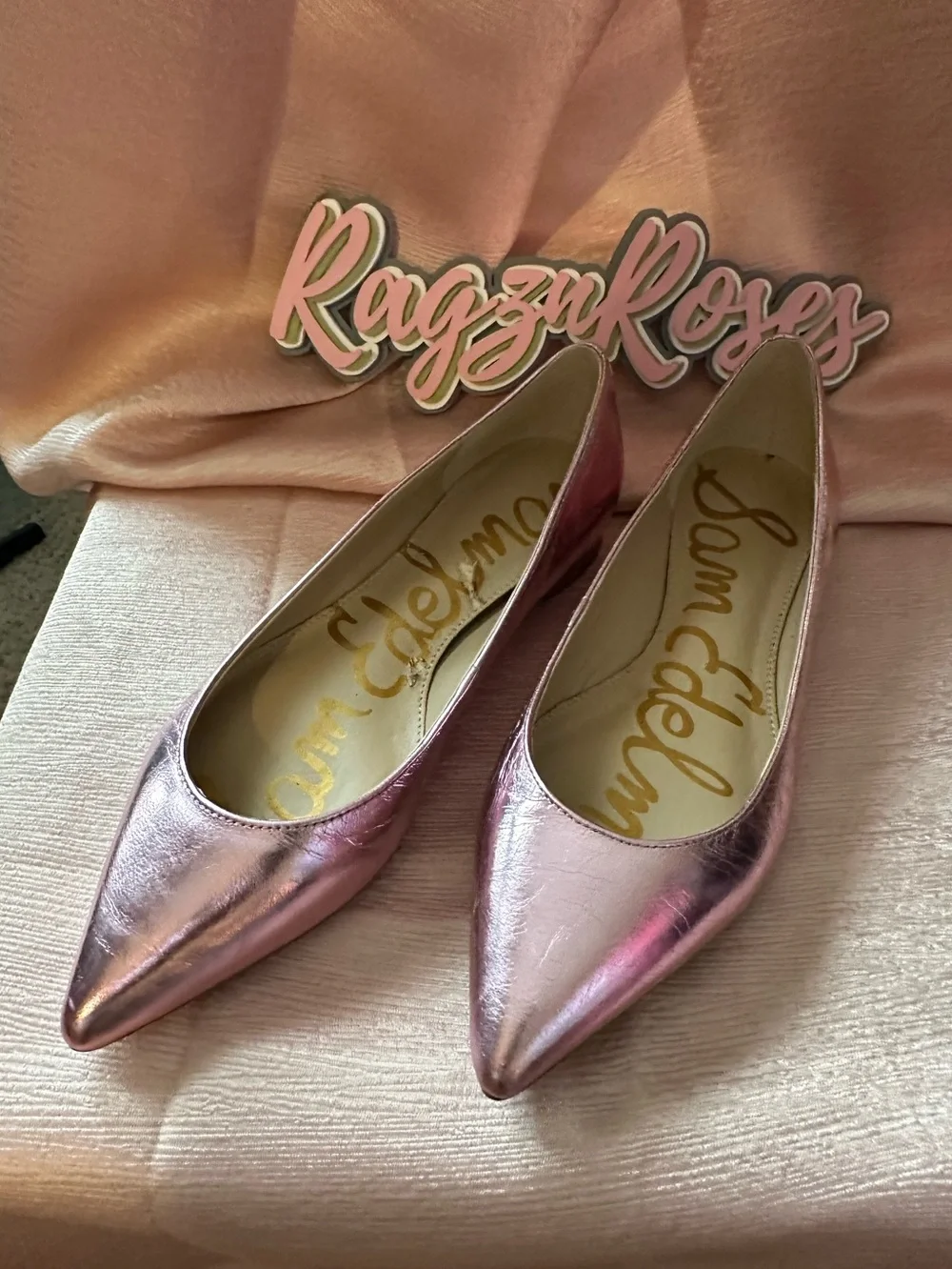 NWB! Sam Edelman Metallic Rose Pink Pointed-Toe Flats - Picture 1 of 8